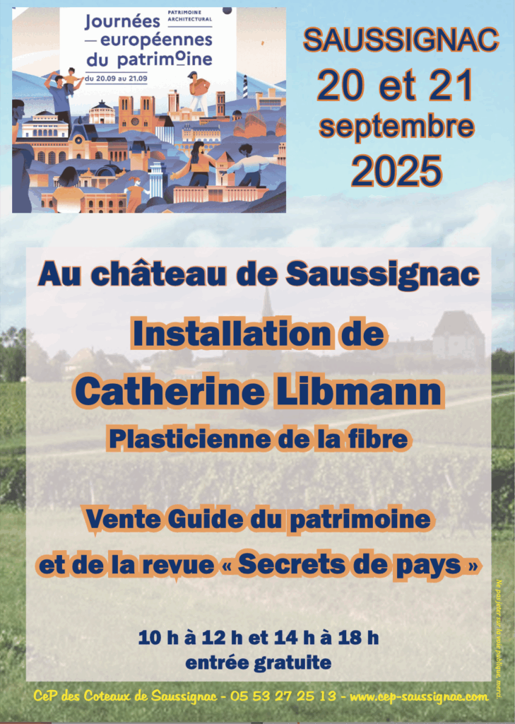 installations/expositions à Ligueux en Périgord pour AD Jardinum du 12 au 14 septembre, au château de Saussignac les 19, 20 et 21 septembre pour les journées du patrimoine et à Fannjeaux dans l'Aude du 2 au 5 octobre